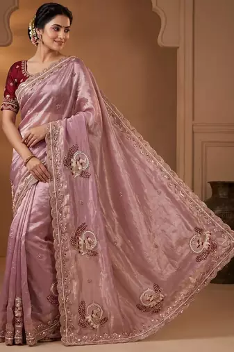 women's lavender satin silk blend partywear saree with unstitched blouse