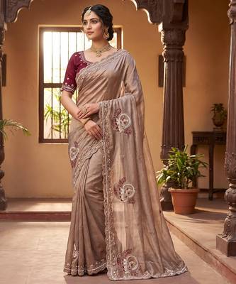 Women's misti satin silk partywear saree with unstitched blouse 2
