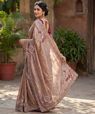 Women's misti satin silk partywear saree with unstitched blouse 3
