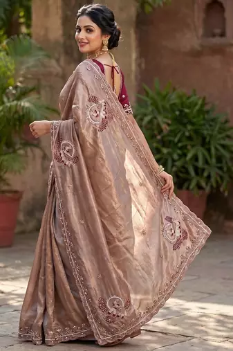 women's misti satin silk blend partywear saree with unstitched blouse