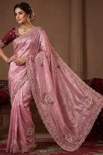 women's pink satin silk blend partywear saree with unstitched blouse