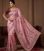 Women's pink satin silk partywear saree with unstitched blouse