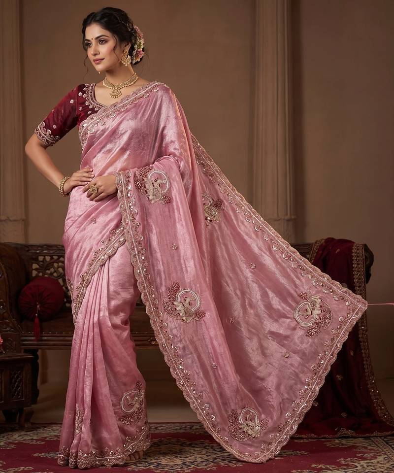 Women's pink satin silk partywear saree with unstitched blouse