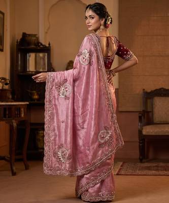 Women's pink satin silk partywear saree with unstitched blouse 2