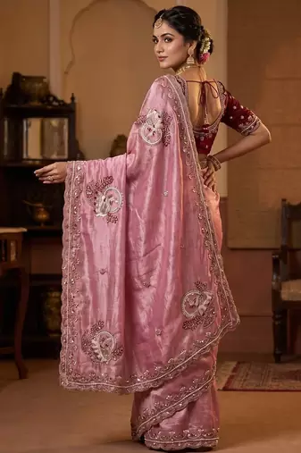 women's pink satin silk blend partywear saree with unstitched blouse