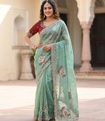 Women's pista satin silk partywear saree with unstitched blouse