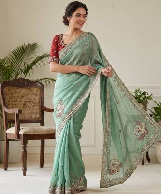 Women's pista satin silk partywear saree with unstitched blouse 3