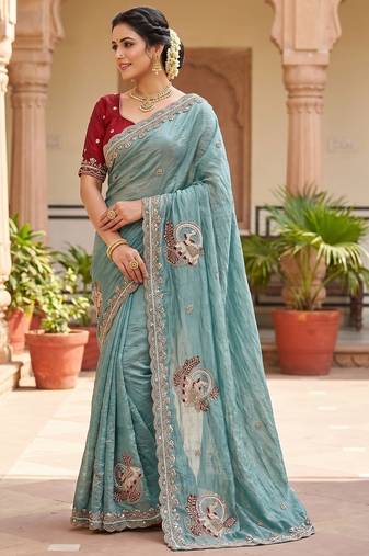 Women's skyblue satin silk partywear saree with unstitched blouse