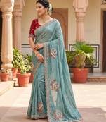 Women's skyblue satin silk partywear saree with unstitched blouse