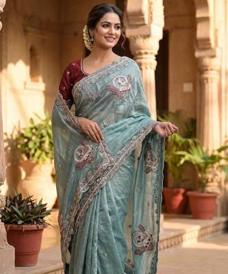 Women's skyblue satin silk partywear saree with unstitched blouse 3