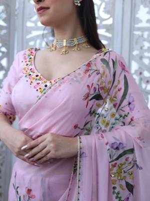Women's lavender silk partywear saree with unstitched blouse 3