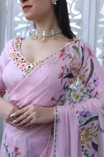 women's lavender silk blend partywear saree with unstitched blouse