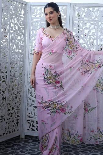 women's lavender silk blend partywear saree with unstitched blouse