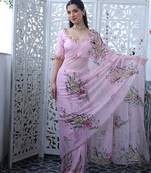 Women's lavender silk partywear saree with unstitched blouse