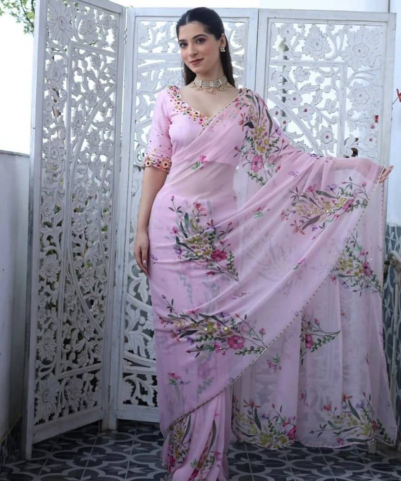 Women's lavender silk partywear saree with unstitched blouse