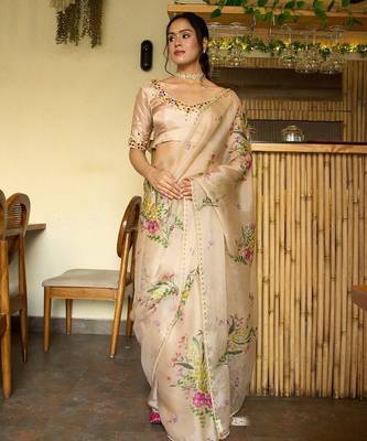 Women's rust silk partywear saree with unstitched blouse 2