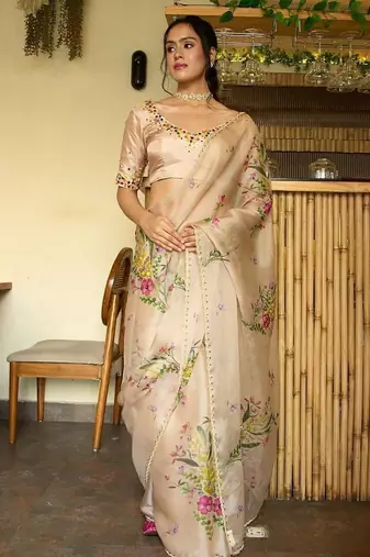 women's rust silk blend partywear saree with unstitched blouse