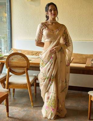 Women's rust silk partywear saree with unstitched blouse 3