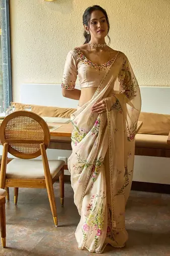 women's rust silk blend partywear saree with unstitched blouse