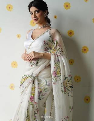 Women's white silk partywear saree with unstitched blouse 1