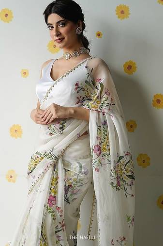 women's white silk blend partywear saree with unstitched blouse