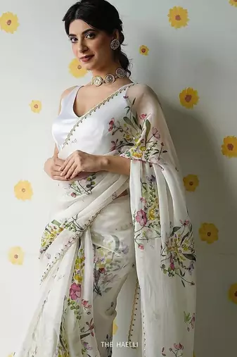 women's white silk blend partywear saree with unstitched blouse