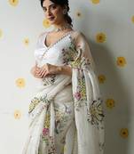 Women's white silk partywear saree with unstitched blouse