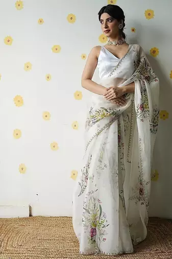 women's white silk blend partywear saree with unstitched blouse