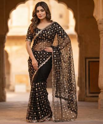 Women's black net partywear saree with unstitched blouse 1