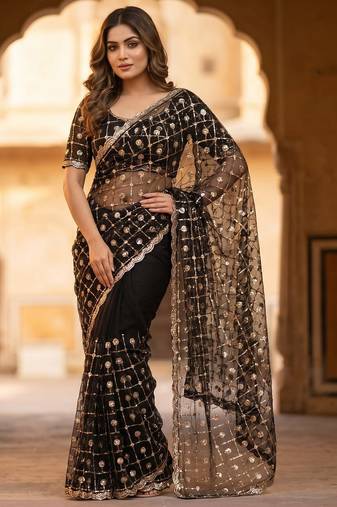 Women's black net partywear saree with unstitched blouse