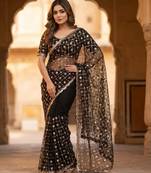 Women's black net partywear saree with unstitched blouse