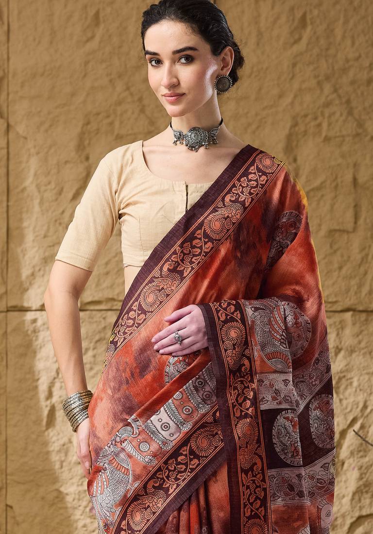 Kalamkari print cotton silk regular saree