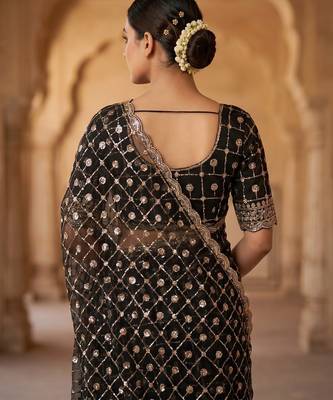 Women's black net partywear saree with unstitched blouse 2