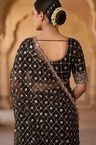 women's black net partywear saree with unstitched blouse