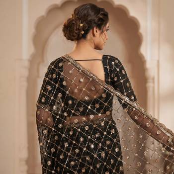 Women's black net partywear saree with unstitched blouse 3
