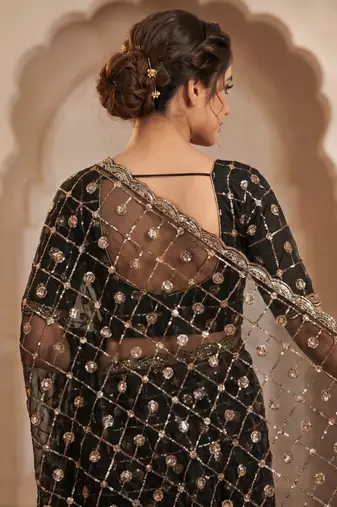 women's black net partywear saree with unstitched blouse