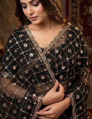 Women's black net partywear saree with unstitched blouse 4