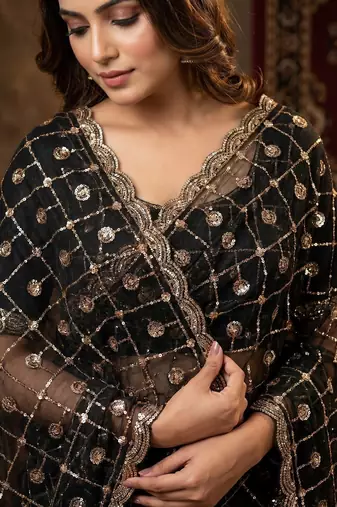 women's black net partywear saree with unstitched blouse