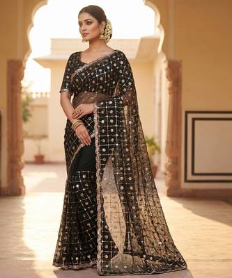 Women's black net partywear saree with unstitched blouse 5