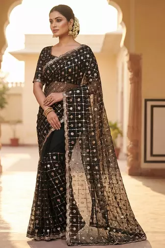women's black net partywear saree with unstitched blouse