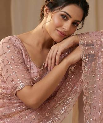 Women's pink net partywear saree with unstitched blouse 2