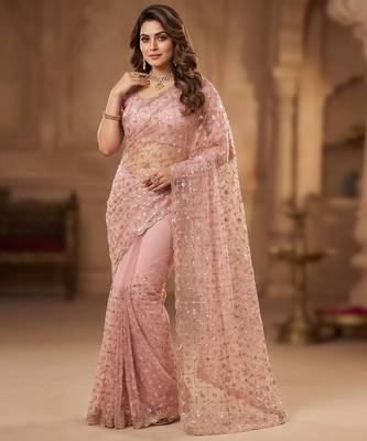 Women's pink net partywear saree with unstitched blouse 1