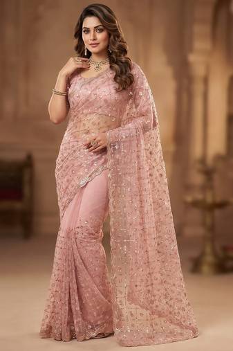 Women's pink net partywear saree with unstitched blouse