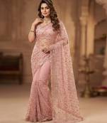 Women's pink net partywear saree with unstitched blouse