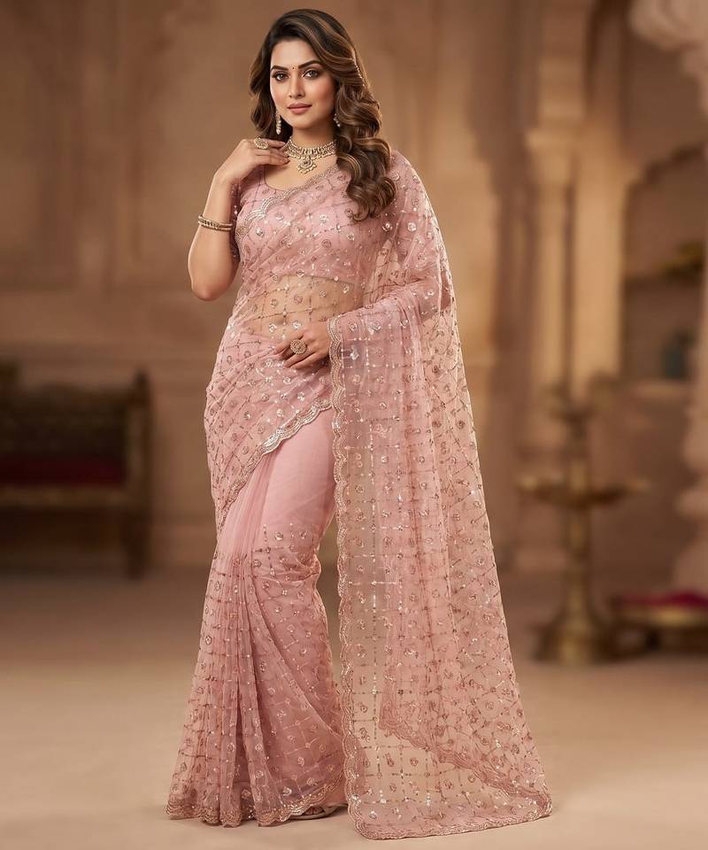 Women's pink net partywear saree with unstitched blouse