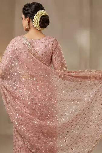 women's pink net partywear saree with unstitched blouse