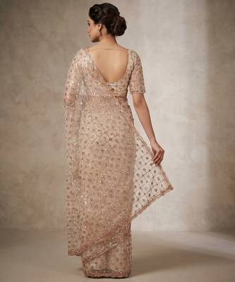 Women's rust net partywear saree with unstitched blouse 2