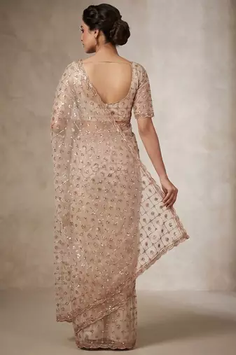 women's rust net partywear saree with unstitched blouse