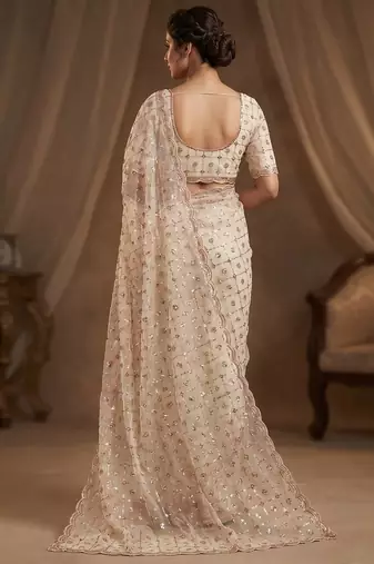 women's rust net partywear saree with unstitched blouse