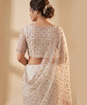 Women's rust net partywear saree with unstitched blouse 4